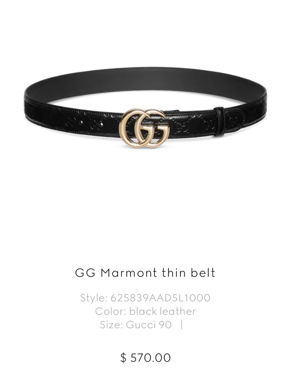 Gucci Black Leather GG Marmont Thin Belt with Gold Buckle